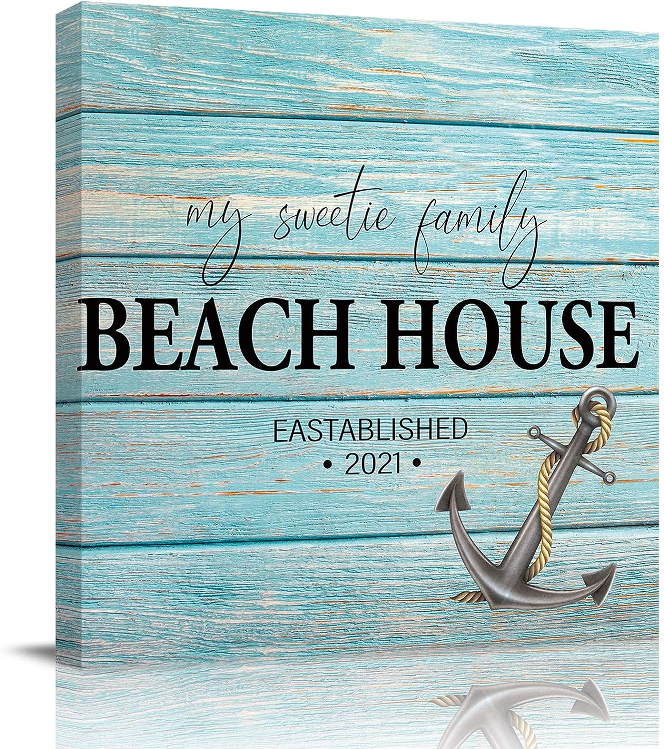 Canvas Wall Art for Living Room Beach House Anchor Summer Blue Wood Grian Canvas Prints Picture Framed Wall Decor for Holiday Bedroom Bathroom Framhouse Office Home Decoration, 24 inch x24 inch  24 x 24 in