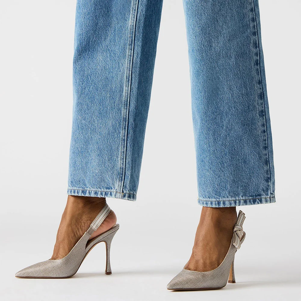 Fashion Glitter Closed Pointed Toe Bow Slingback Slip On Silver Pumps