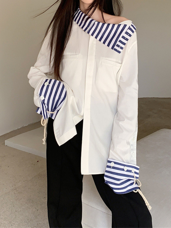 Asymmetrical Naval Neck Striped Patchwork Long Sleeve Blouses