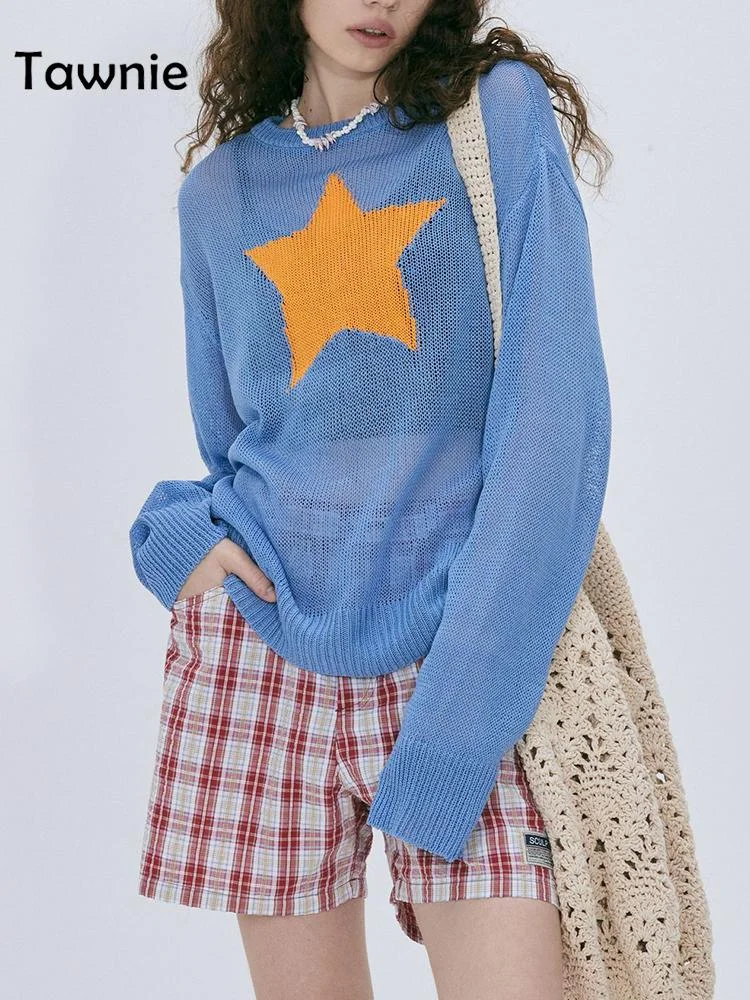 Uveng 2022 Summer Autumn Star Kintted Smock Tops Women Y2K Long Sleeve See Through Loose Pullovers T Shirts Vintage Streetwear