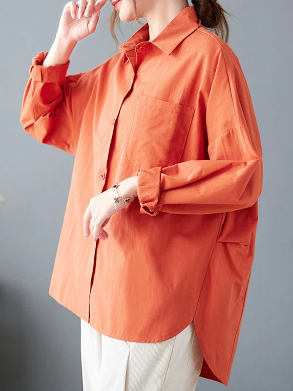 High-Low Long Sleeves Solid Color Lapel Blouses&Shirts Tops