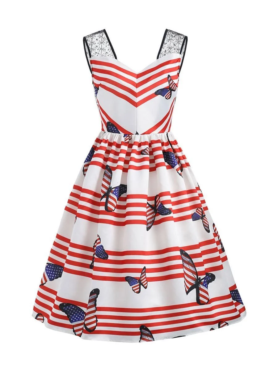 Women's American Flag Dresses V-Neck Spaghetti Strap Butterfly Bodycon Dresses