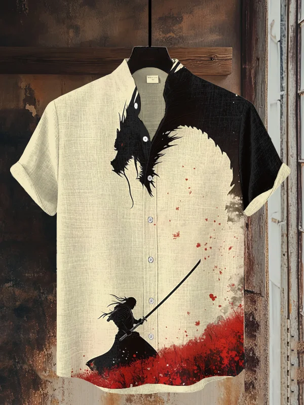Men's Japanese Samurai And Dragon Art Print Shirt