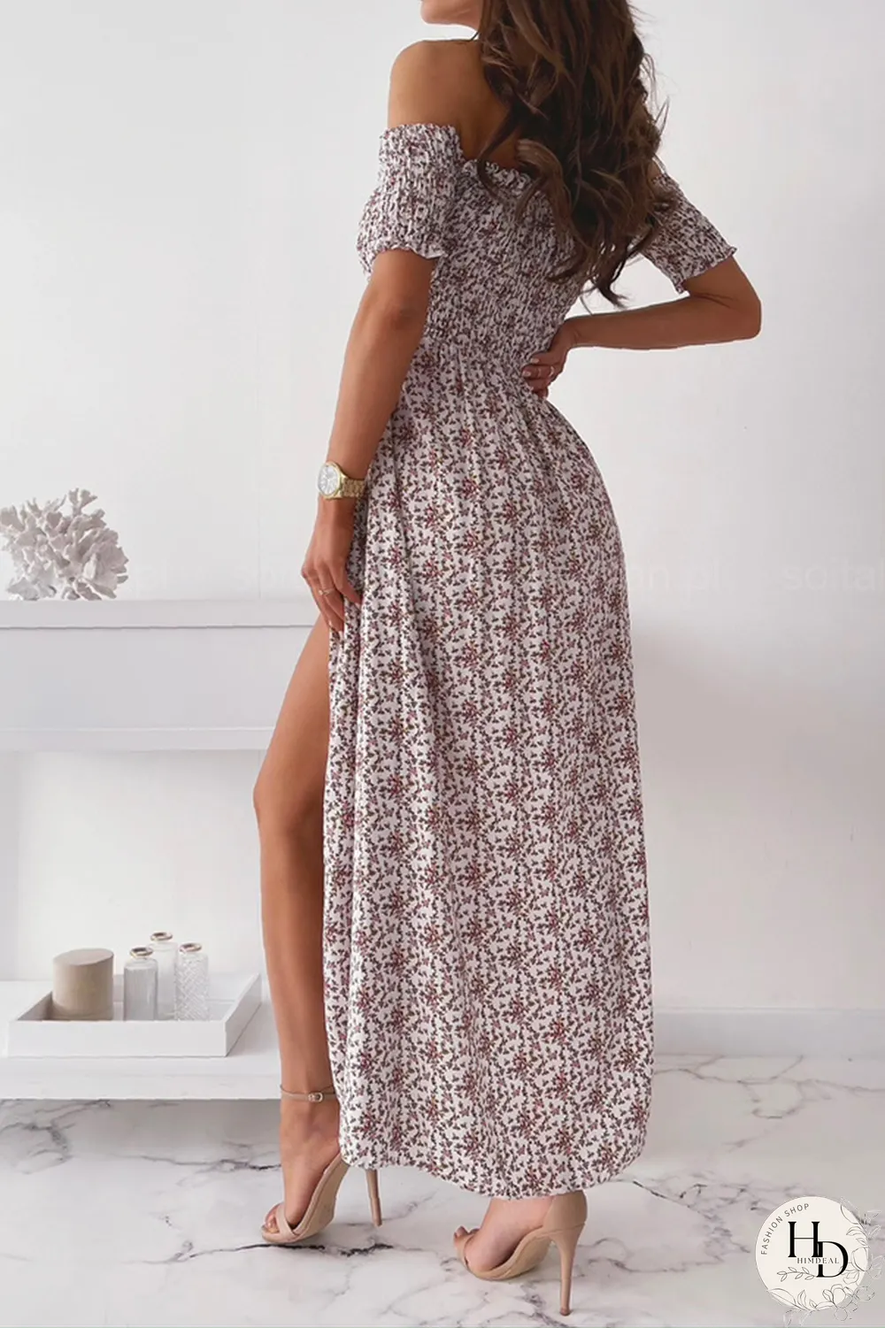 Elegant Floral Slit Fold Off the Shoulder Waist Skirt Dresses(5 Colors)