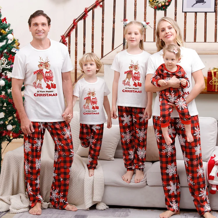 Christmas Elk Cartoon Print Short Sleeve Family Matching Pajamas Sets