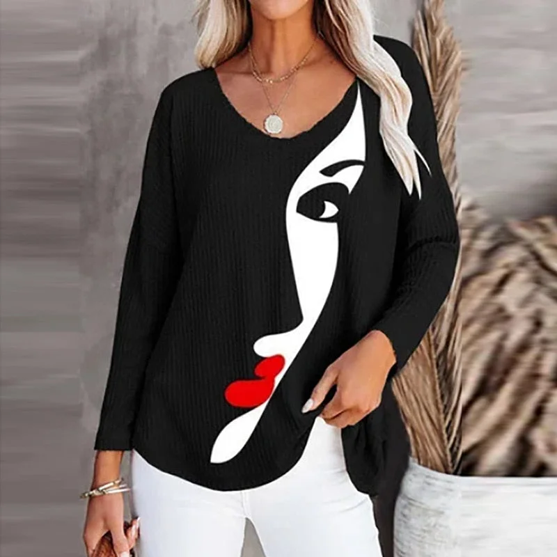 Beauty Lady Face Print Women Crewneck Blouse Casual Full Sleeve Female Streetwear Pullover Clothes Spring Autumn Shirts Blusas