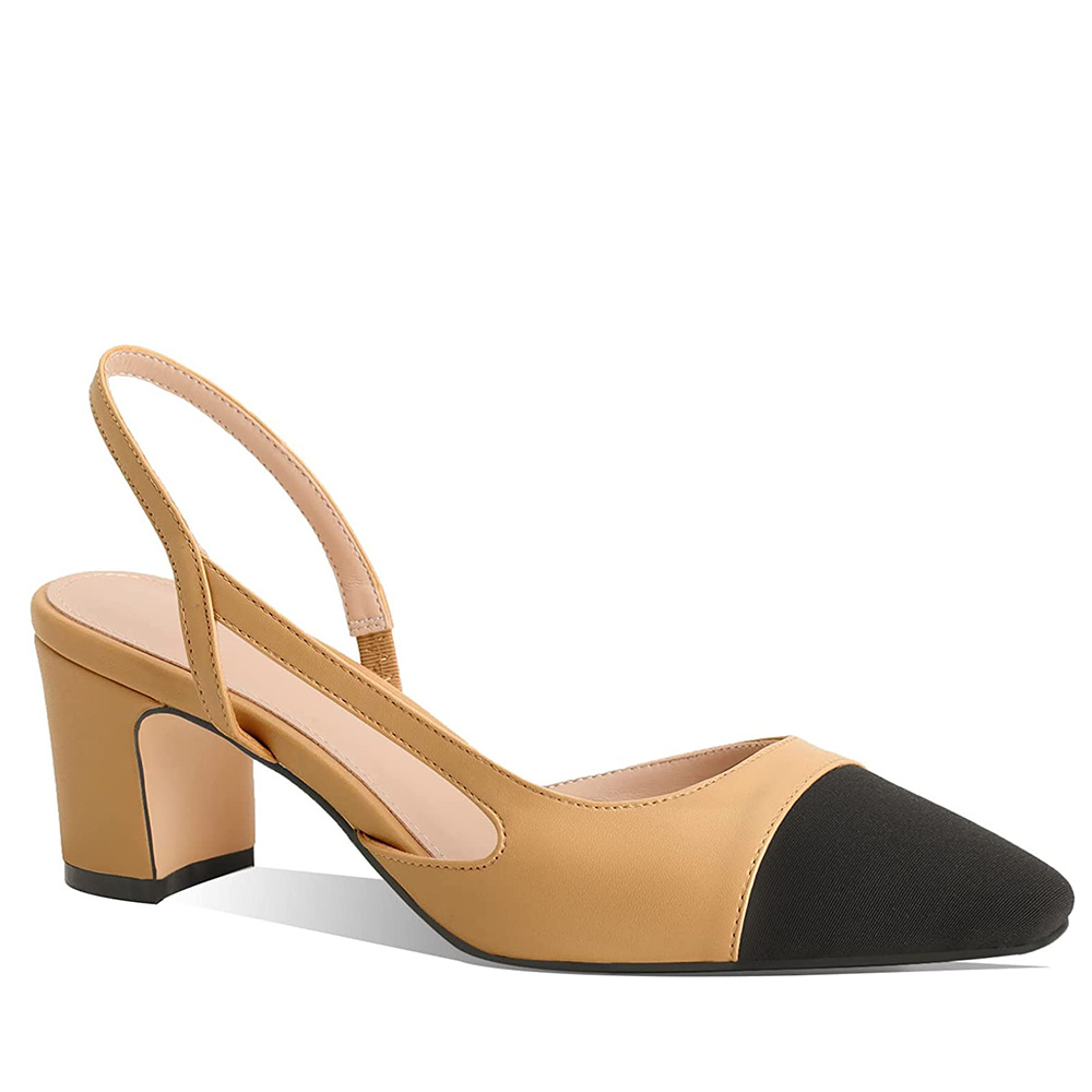 65mm Chunky Heels for Women Slingback Pumps Sandals Splicing Round Toe Casual Wedding Pumps-MERUMOTE