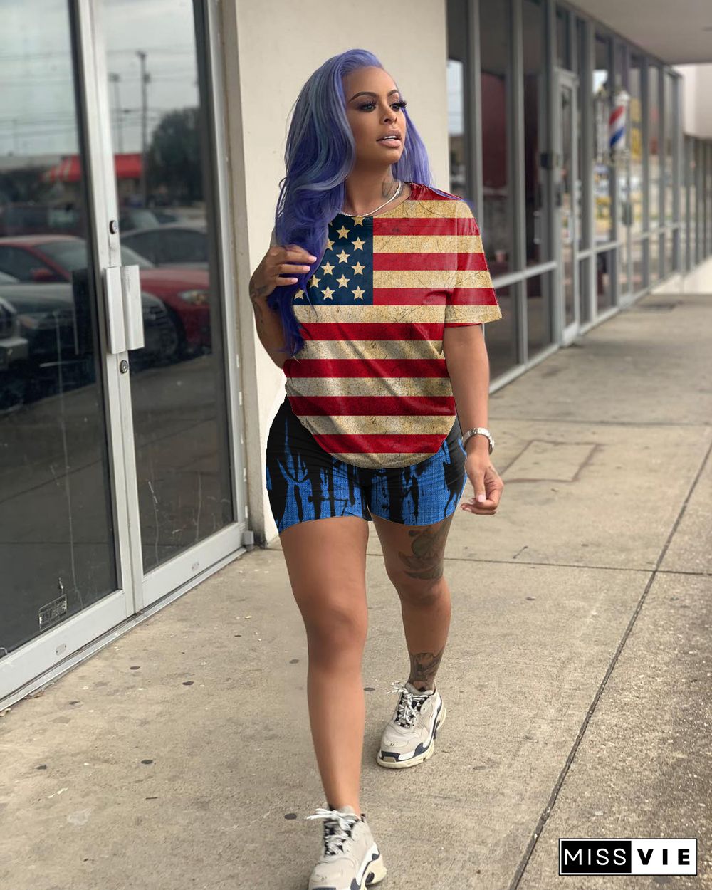 American Independence Day Flag Print Short Sleeve Two-Piece Set