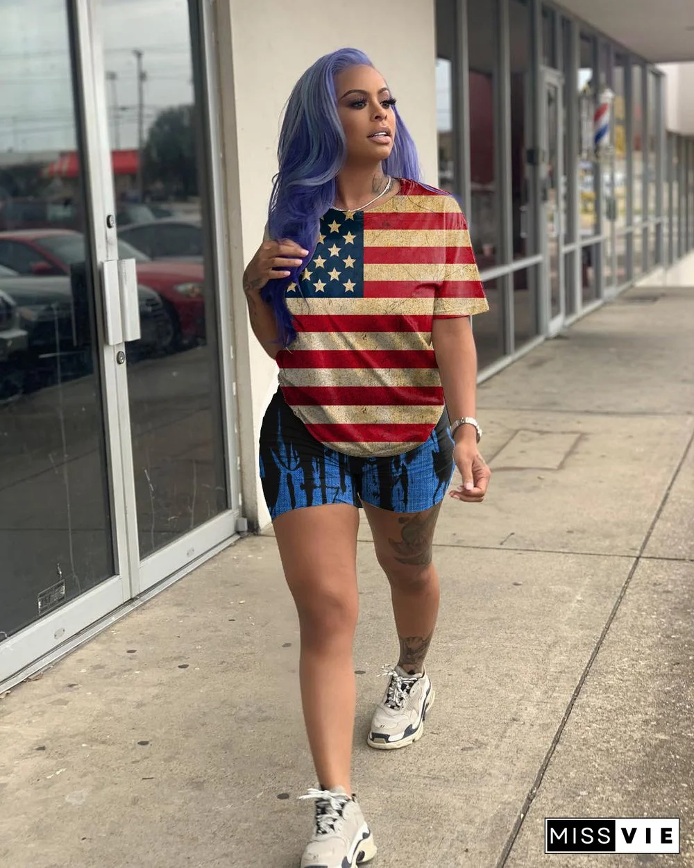 American Independence Day Flag Print Short Sleeve Two-Piece Set