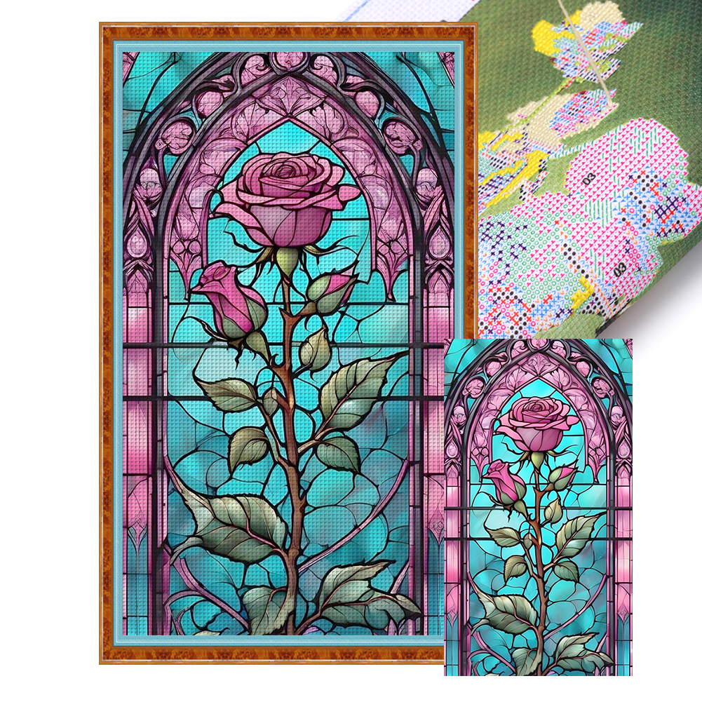 Rose Glass Painting Full 11CT Pre-stamped Canvas(40*70cm) Cross Stitch