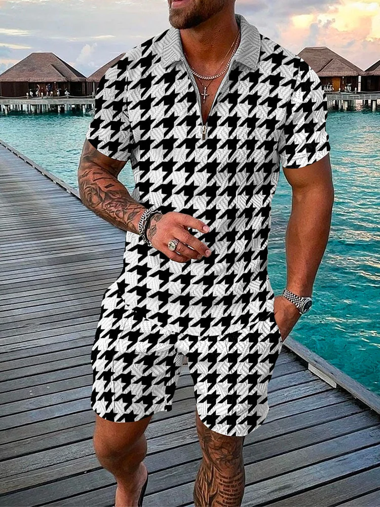 Men's Vacation Classic Houndstooth Printed Polo Suit