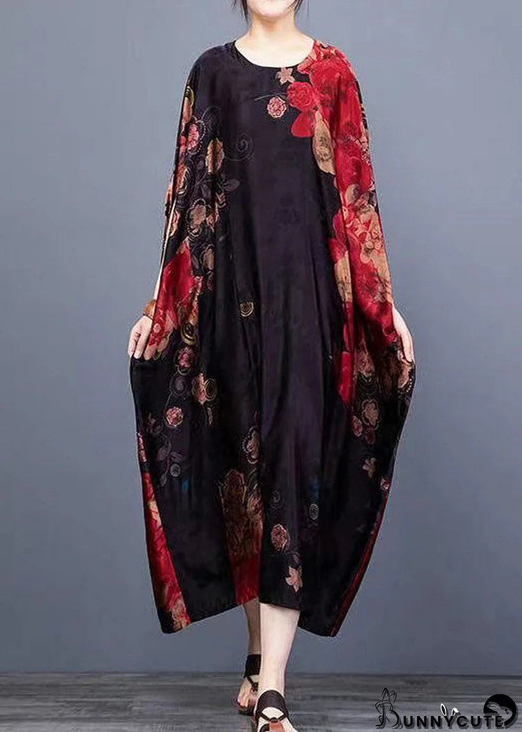 Plus Size Black O-Neck Print Chiffon Vacation Dresses Batwing Sleeve