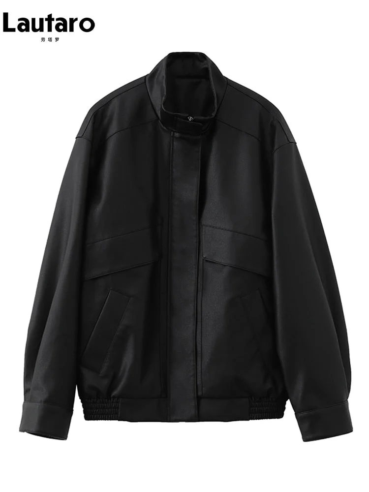 Huiketi Spring Retro Cool Oversized Brown Black Pu Leather Jacket Women with Drop Shoulder Long Sleeve Zip Up Unisex Clothing