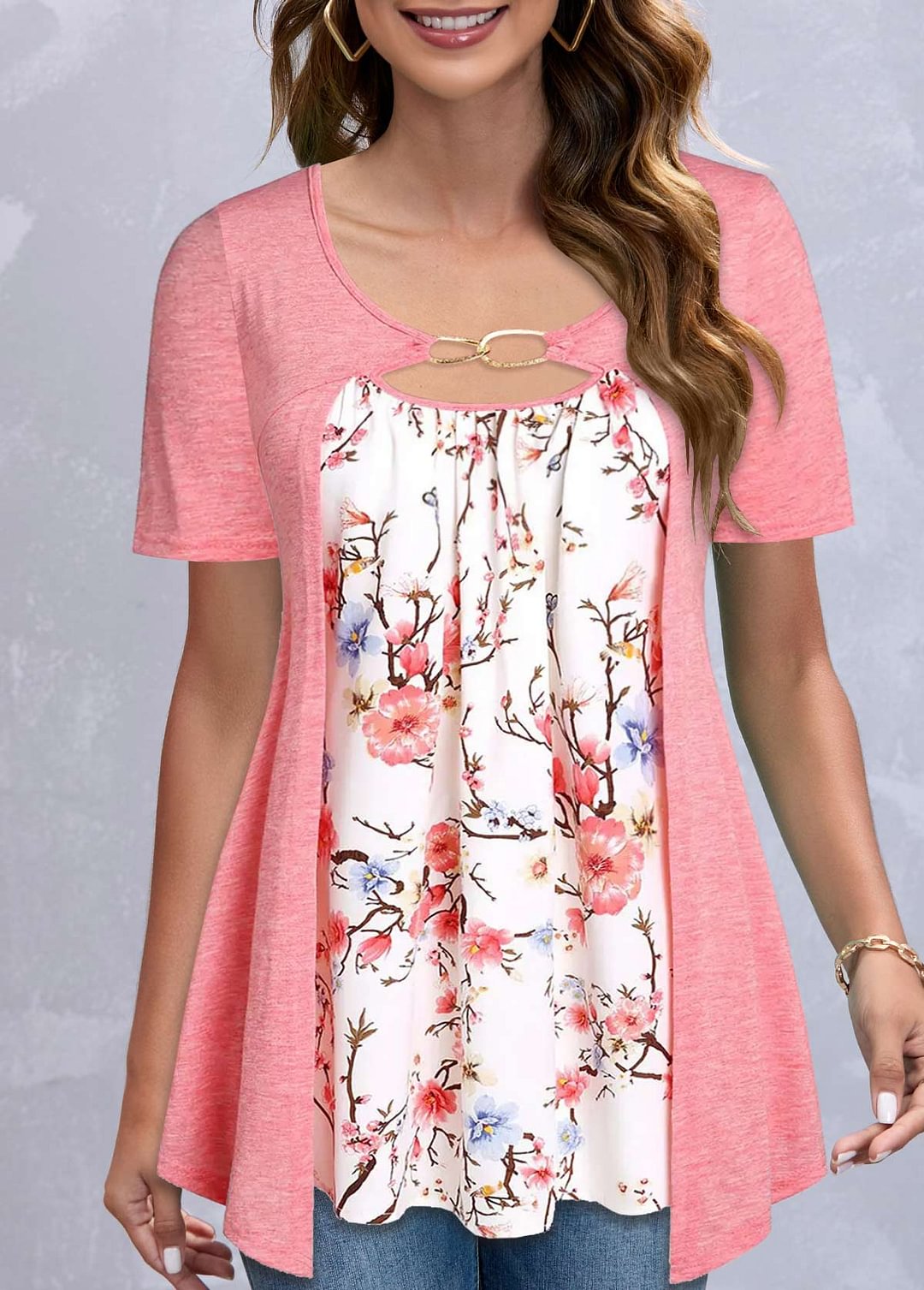 Pink Short Sleeve Floral Print T Shirt