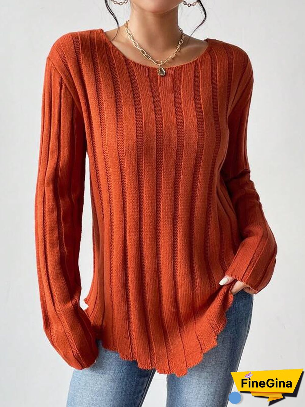 Orange Plain Long Sleeve Sweater