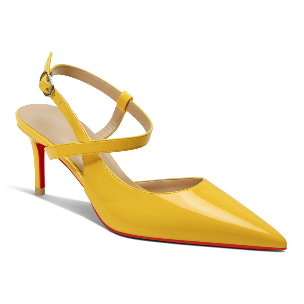 65mm Women Slingback Red Bottom Pumps Ankle Strap Jenlove Stiletto Mid Heel Close Pointed Toe Dress Red Soles Sandals Shoes-MERUMOTE