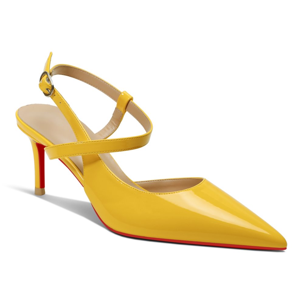 65mm Women Slingback Red Bottom Pumps Ankle Strap Jenlove Stiletto Mid Heel Close Pointed Toe Dress Red Soles Sandals Shoes-MERUMOTE