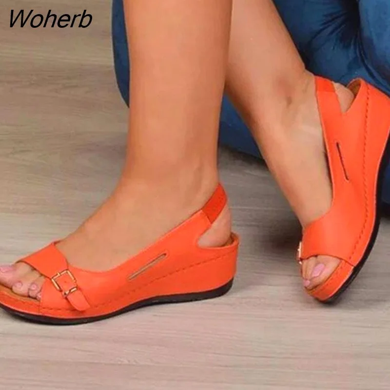 Woherb Shoes Sandals Soild Color Female Shoes Fashion Outdoor Women Sandals For Wedges Shoes Woman Zapatos De Mujer 305-0