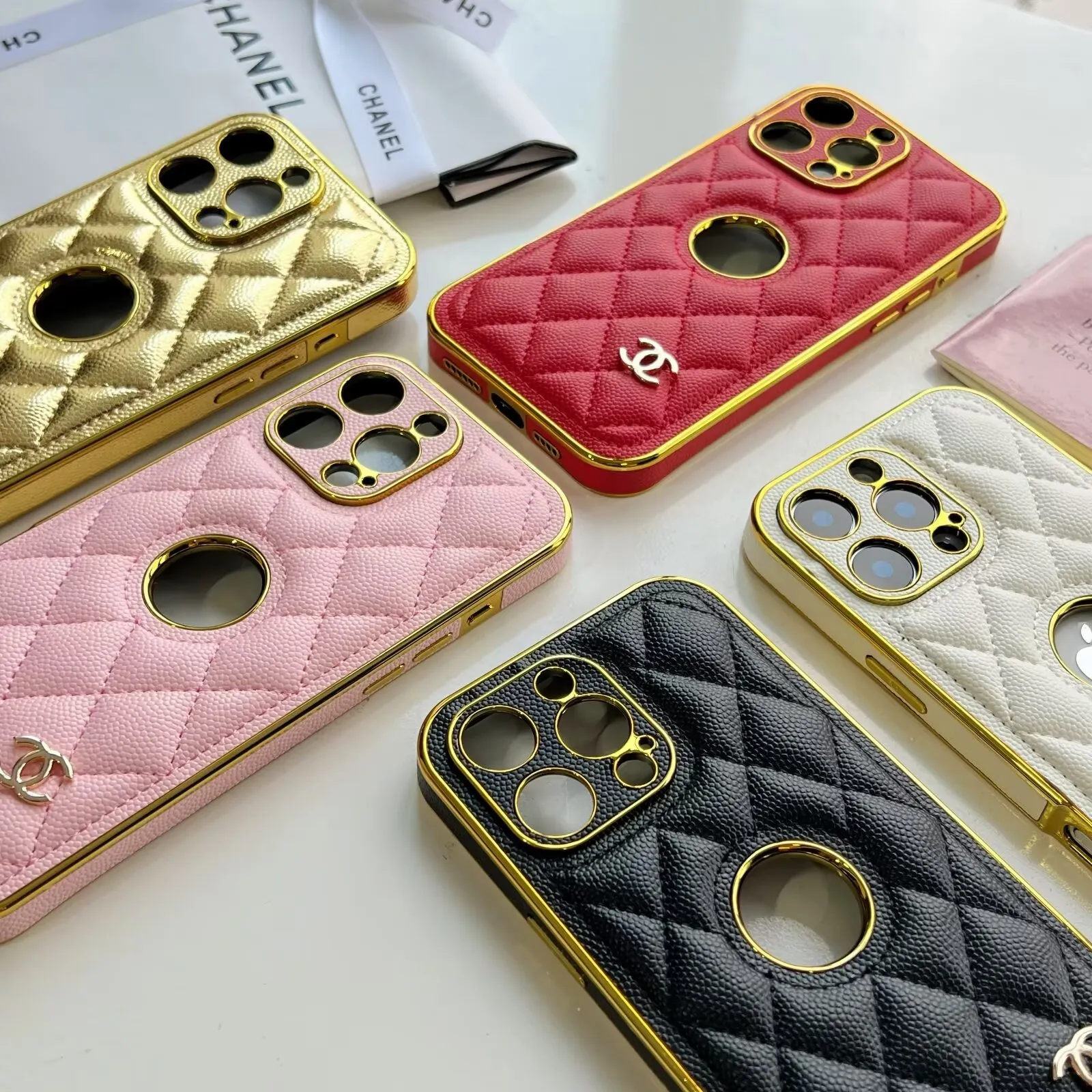 Luxury Chanel Diamond Quilted Lambskin Small Monogram Metal Label Apple iPhone Case