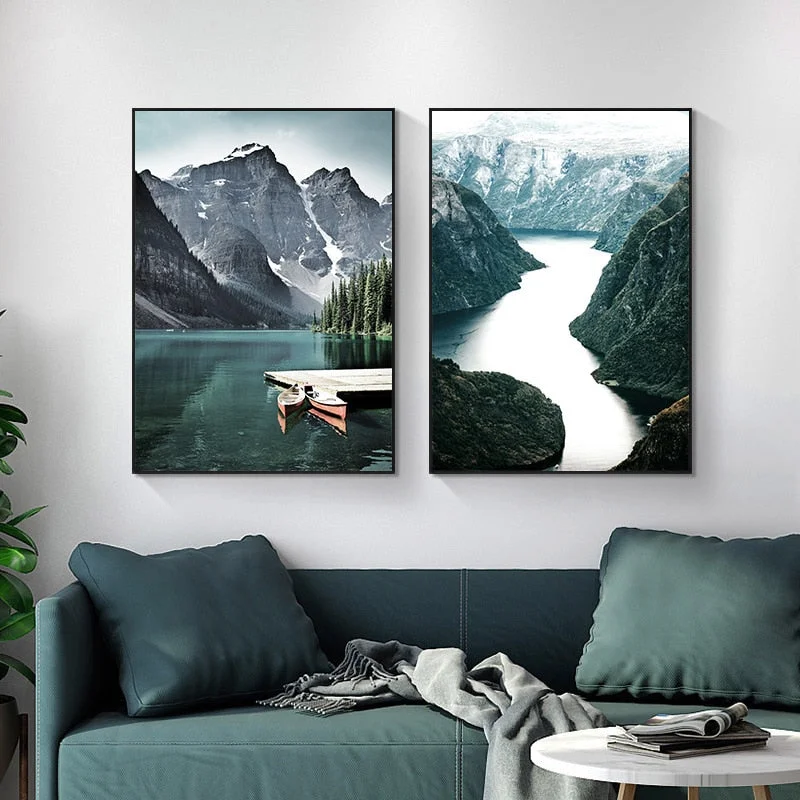 Scandinavian Travel Landscape Canvas Painting Mountain Boat Grass Nordic Poster Print Wall Art Picture Modern Living Room Decor