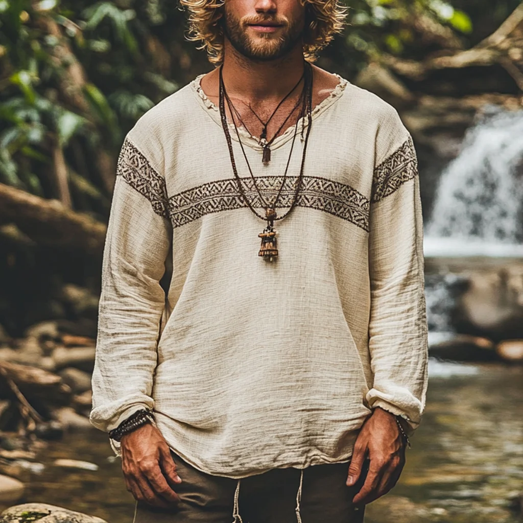 Men's Bohemian Holiday Style Vintage Printed Casual Long Sleeve Top-inspireuse