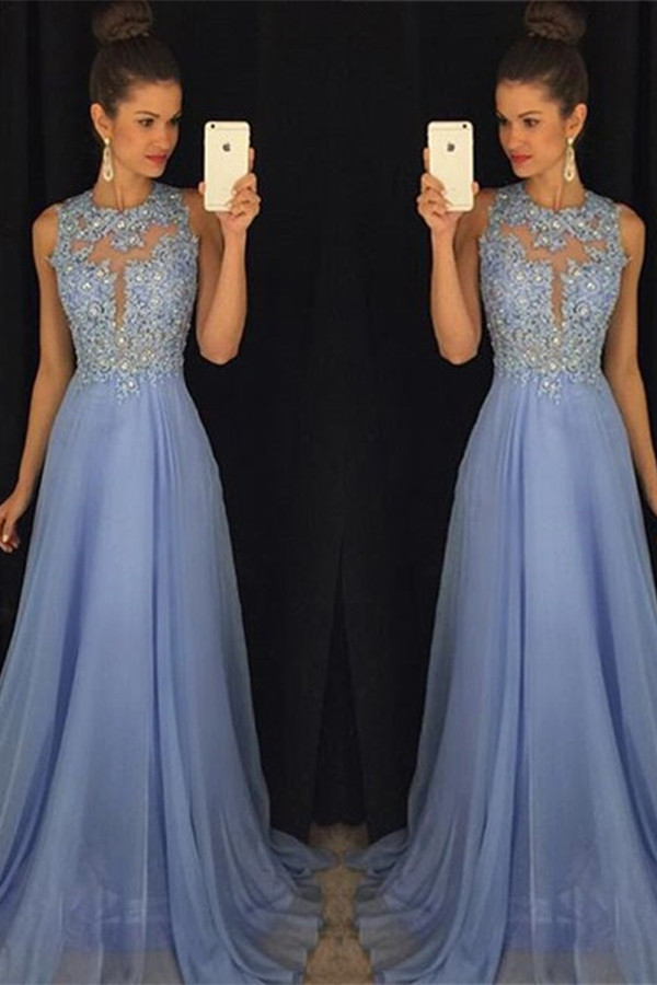 Sleeveless Chiffon Long Evening Dress With Lace Appliques - lulusllly