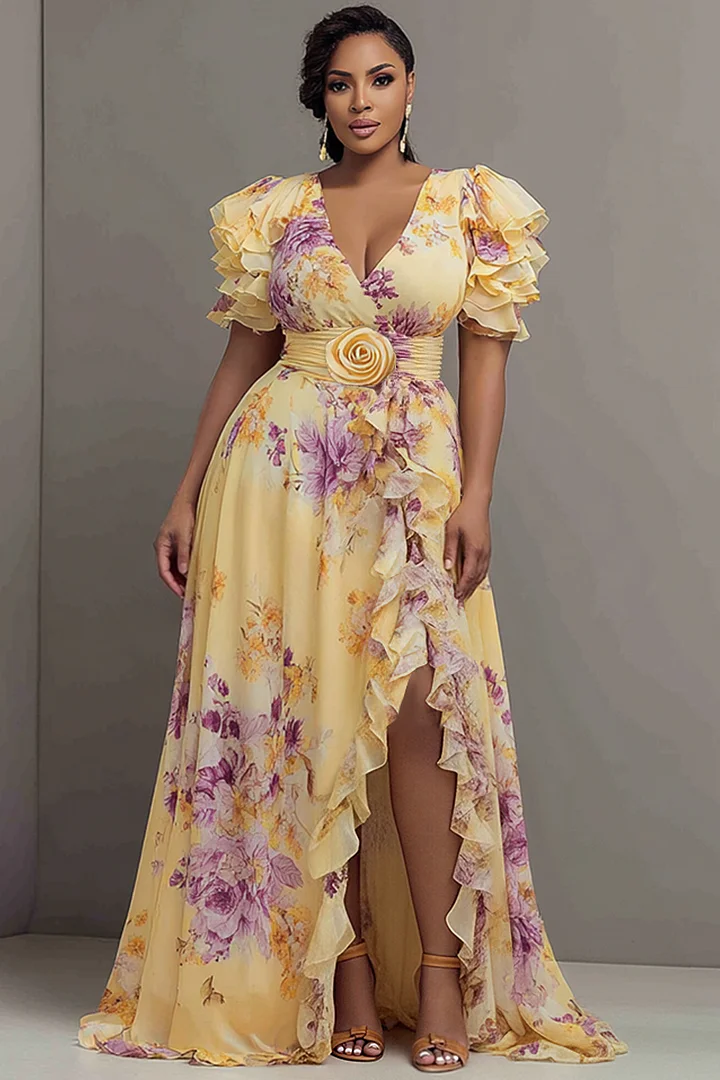 Xpluswear Design Plus Size Formal Elegant Yellow Floral V Neck Short Sleeve Ruffle 3D Chiffon Maxi Dresses 2024 - Xpluswear