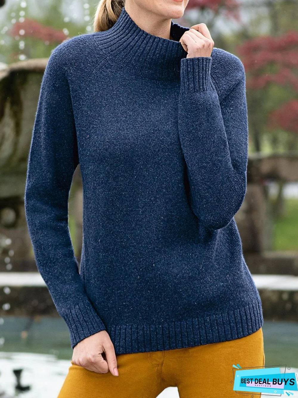 Navy Knitted Solid Long Sleeve Plus Size Sweater