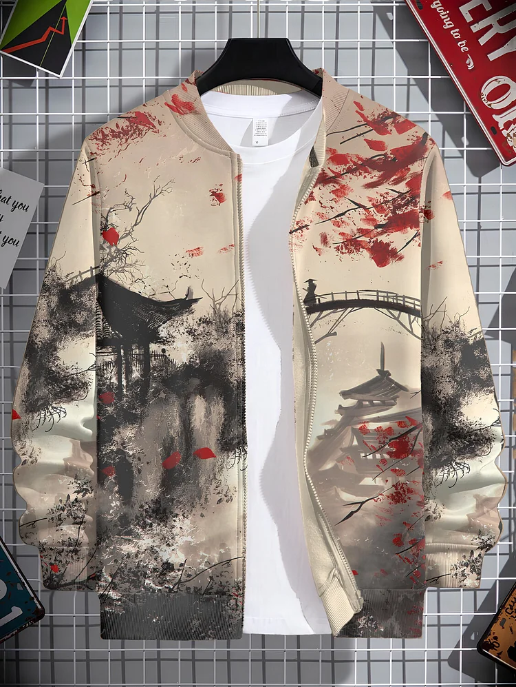 Men's Vintage Landscape Ink Painting Print Casual Zip Up Jacket