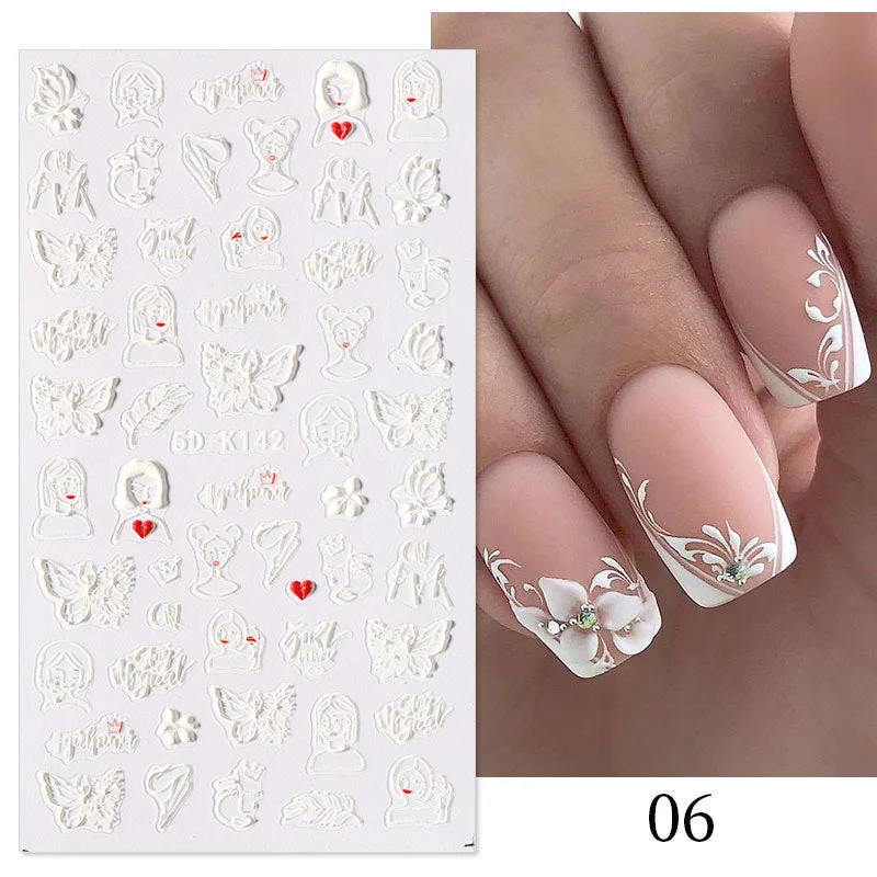 1PC French 5D Nail Sticker Embossed Flower Bubble Pattern Self-Adhesive Slider Wedding Design Nails Decals Nail Art Decoration-Nail Inspo
