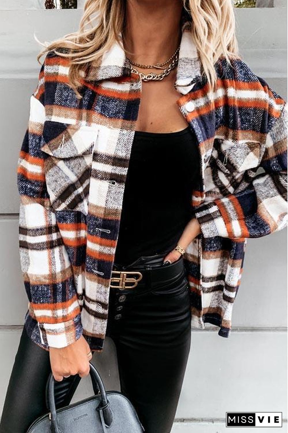 Woolen Lattice Big Pocket Shirt Coat