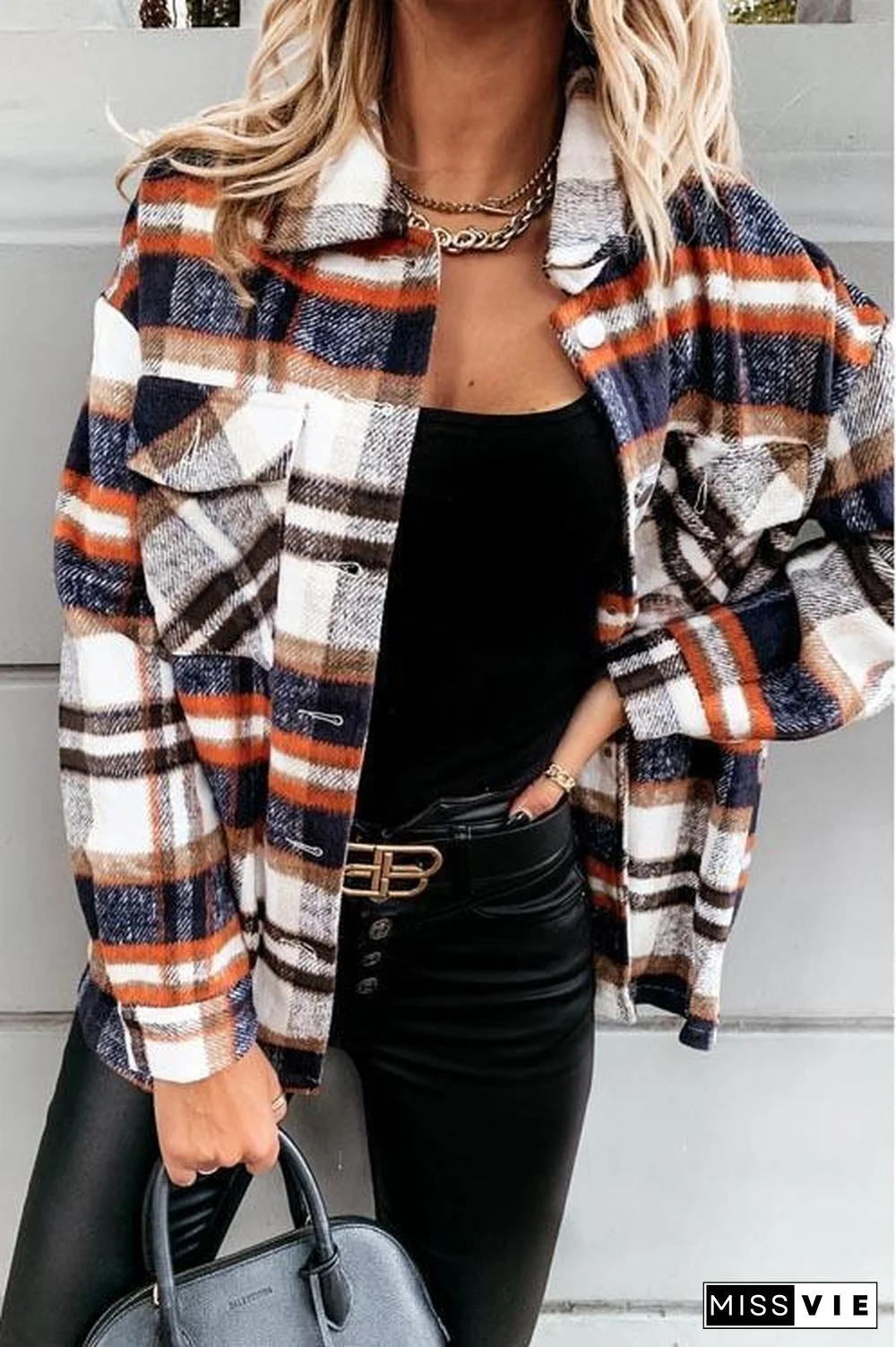 Woolen Lattice Big Pocket Shirt Coat