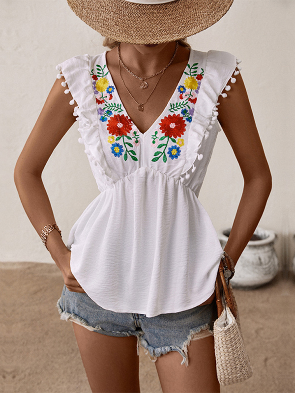 Women's Sleeveless Embroidered White Shirt