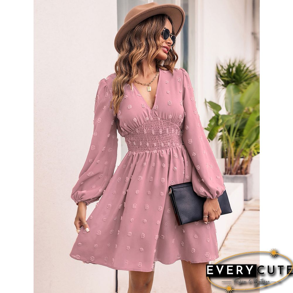 Pink Jacquard Slim Fit A-line Long Sleeve Dress