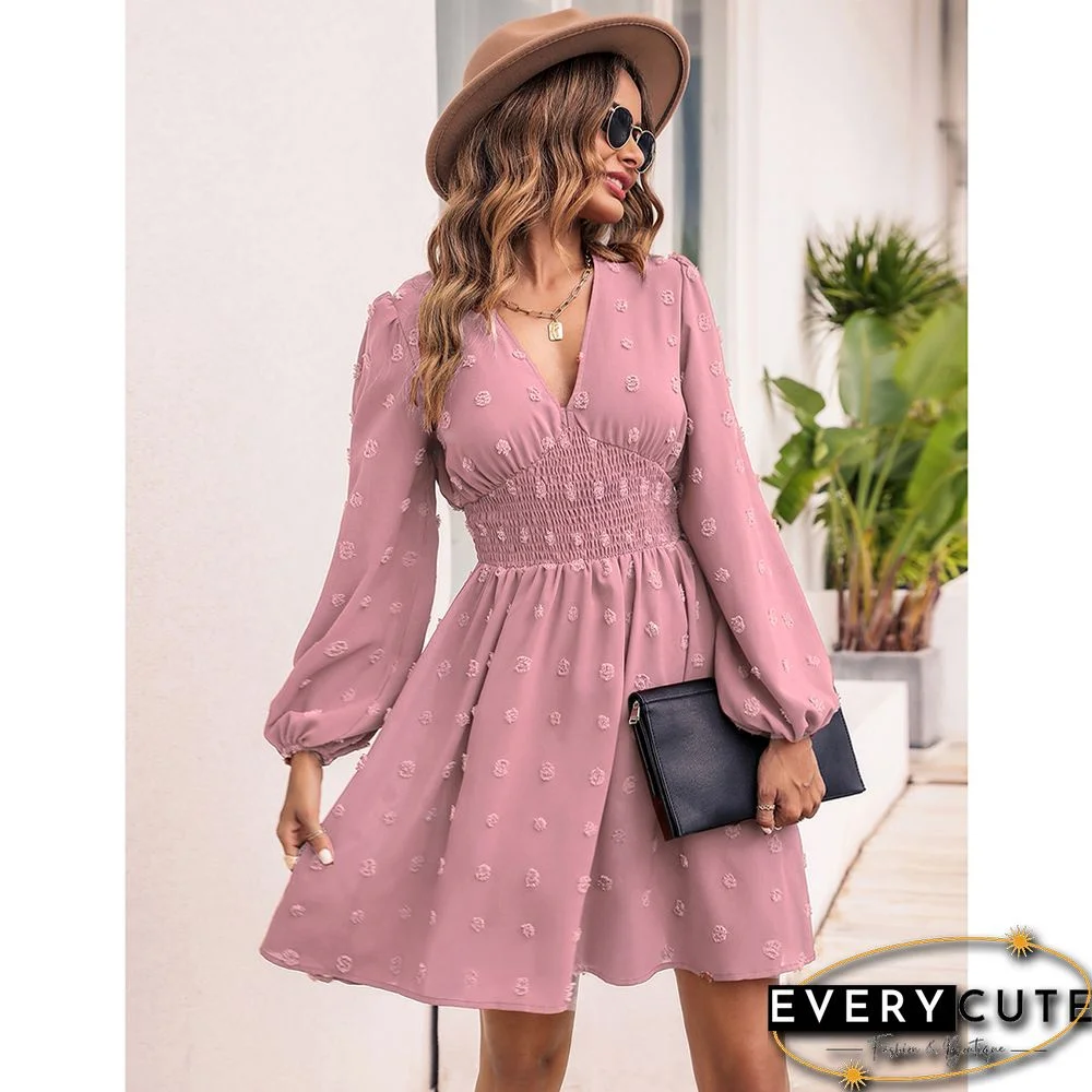 Pink Jacquard Slim Fit A-line Long Sleeve Dress