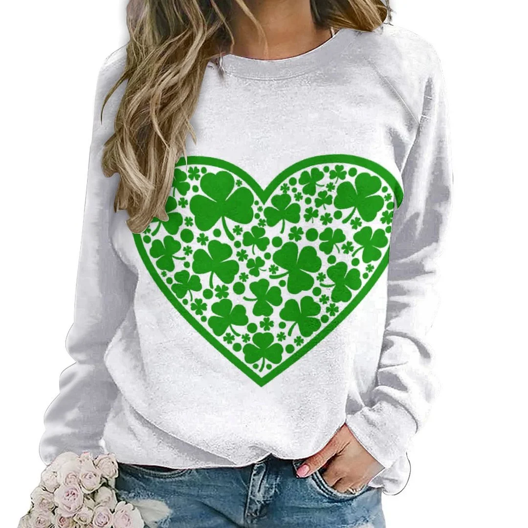 Printed Long Sleeve Casual Sweatshirt for  Women and Men Unisex Pattern St. Patrick's Day, Green, Clover, Lucky