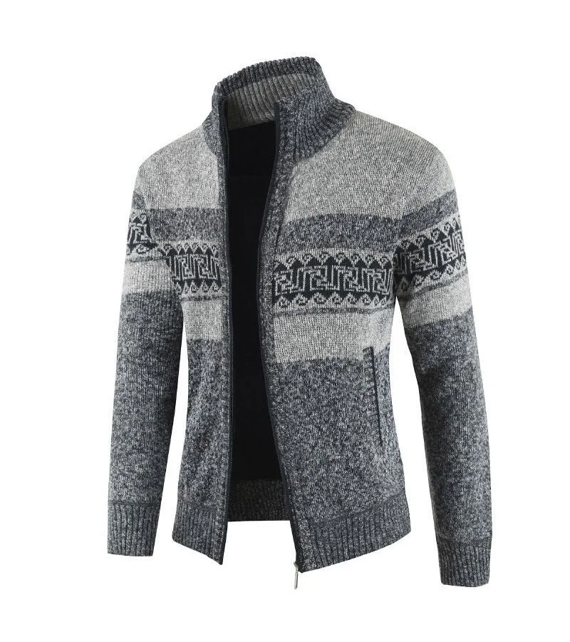 Winter Men Long Sleeves Standing Collar Geometry Knitted Zipper Jackets