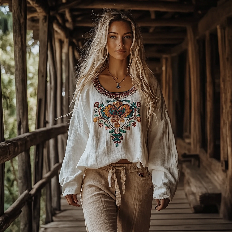 Utbros Bohemian Floral Embroidered Linen Blend Loose Blouse
