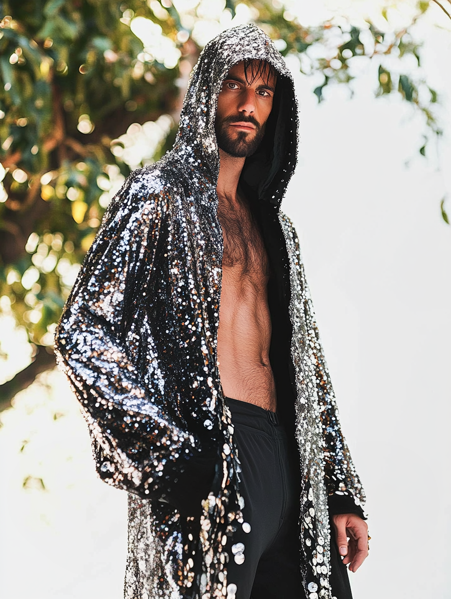 Men's Silver Sequin Festival Party Hood Robe
