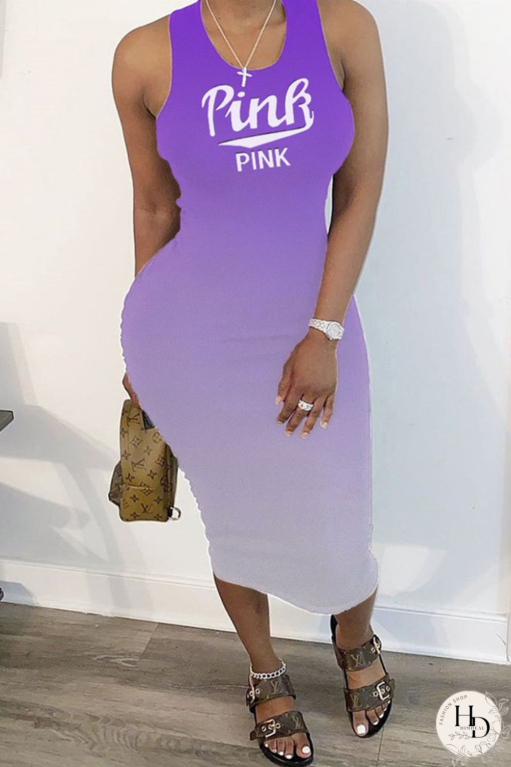 Rose Red Fashion Casual Gradual Change Letter Print Basic U Neck Vest Dress