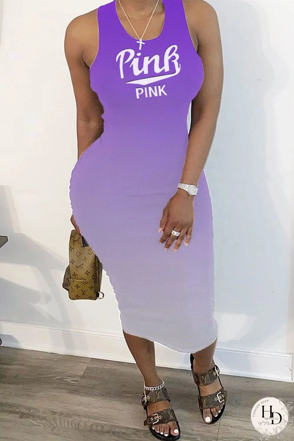 Rose Red Fashion Casual Gradual Change Letter Print Basic U Neck Vest Dress