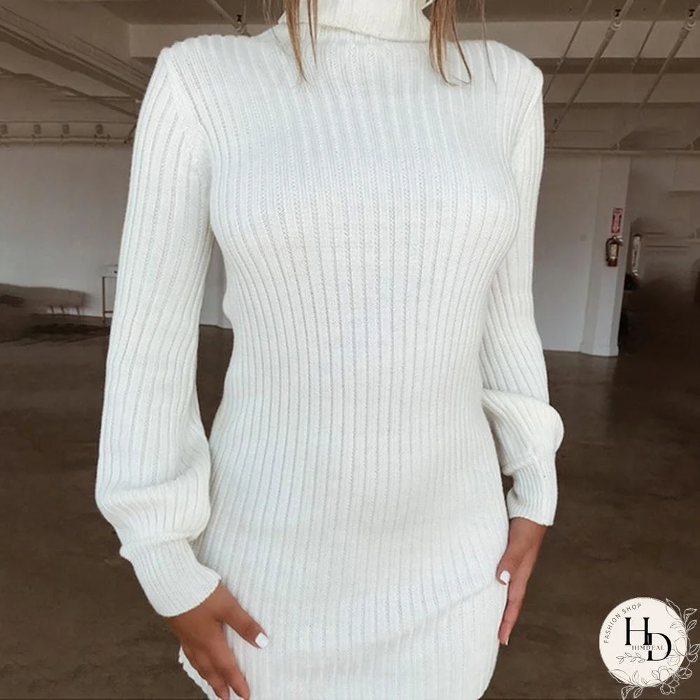 Women Autumn and Winter Long Sleeve Knitted Sweater Dress Ladies Fashion Keep Warm Knitting High Collar Slim Fit Bottoming Mini Knitting Dress