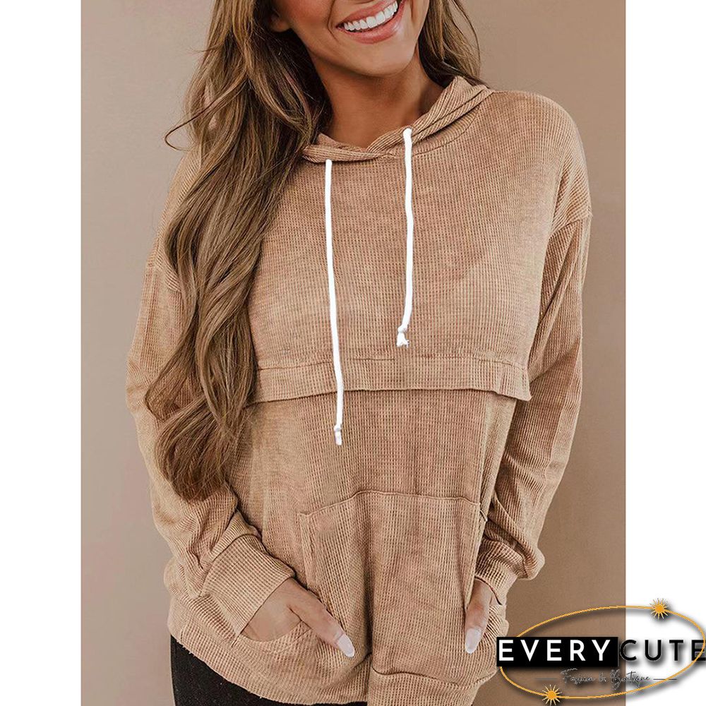 Khaki Waffle Drawstring Kangroo Hoodie