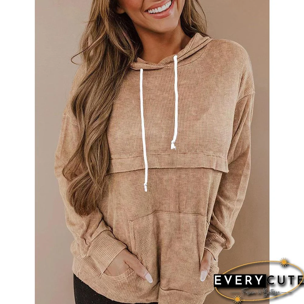 Khaki Waffle Drawstring Kangroo Hoodie