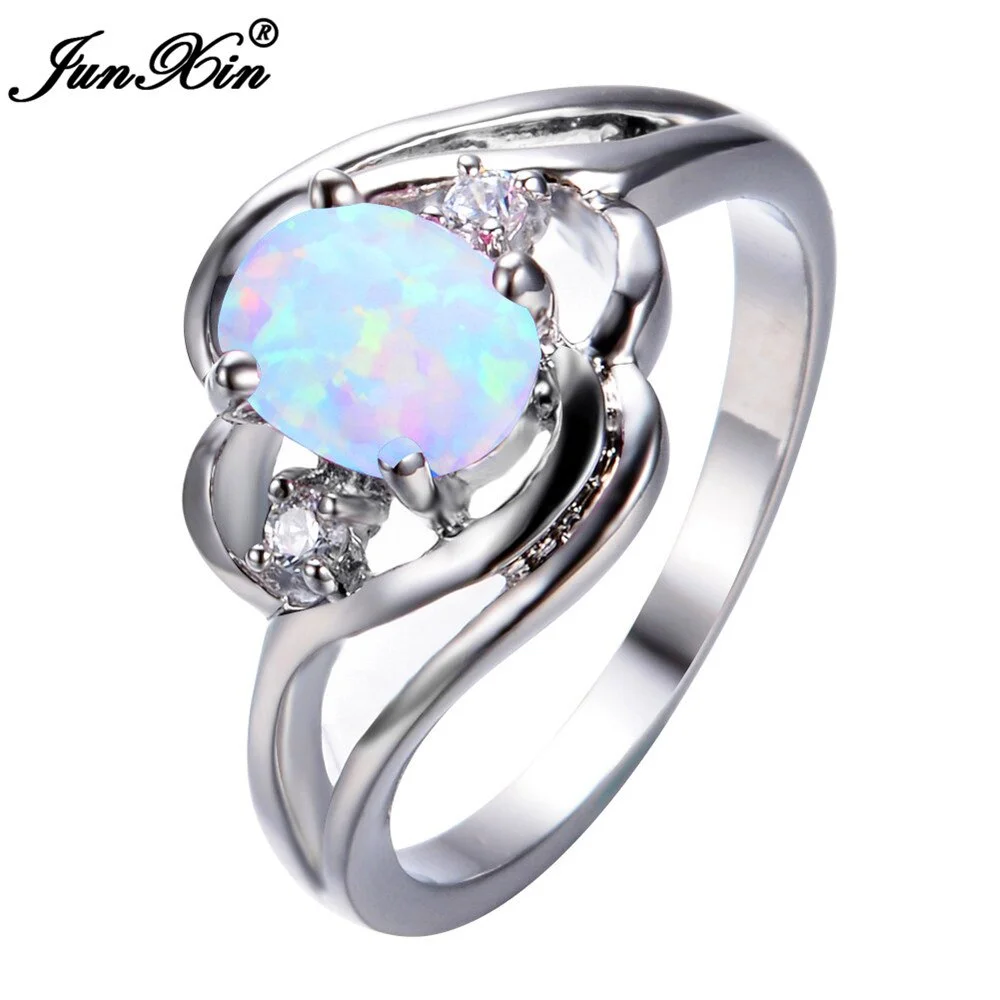 JUNXIN 2018 Fashion Male Female Small Oval Ring Bohemian Blue Fire Opal Stone Ring Promise Engagement Rings For Men And Women