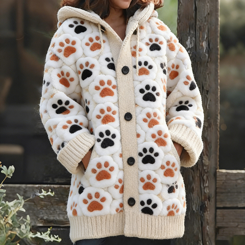 Cute Cat Paw Print Winter Hooded Cardigan For Women wearshes
