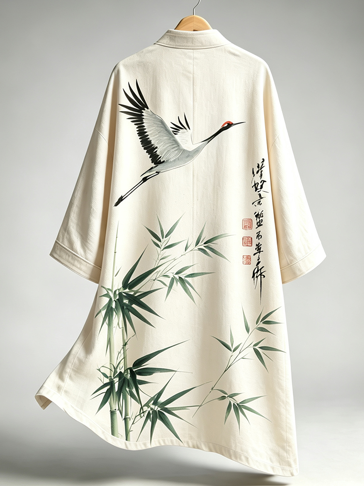 Men's Open-front Traditional Style Cardigan Coat Featuring Traditional Chinese Ink Painting Graphics Of A Flying Red-crowned Crane And Bamboo.  artssus
