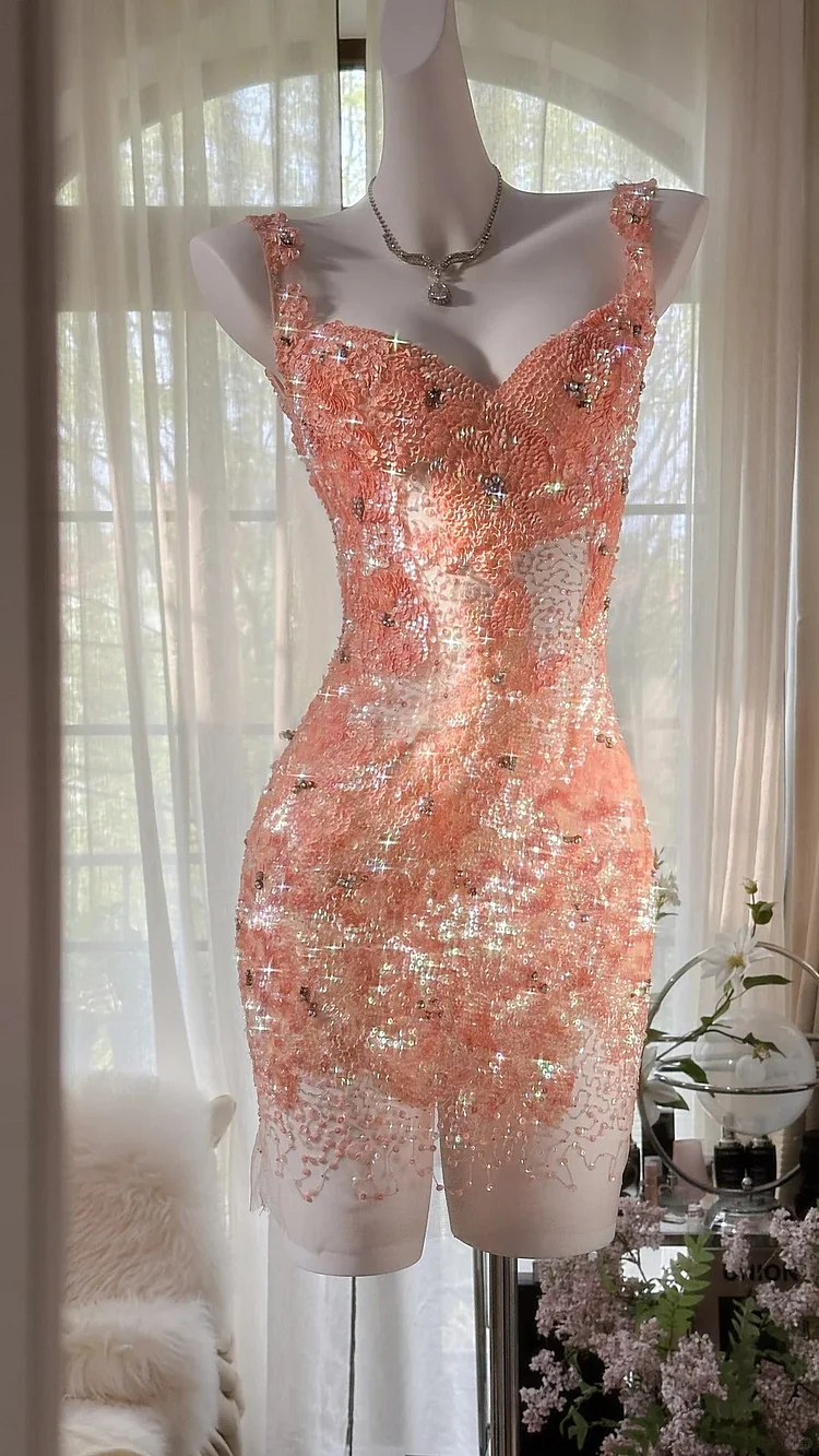 Orange Grapefruit Luxurious Sfumato Exquisite shiny Beads Short sequins Chiffon Fairy Homecoming Dress Prom Dress Evening Dress Cocktail Party Dress Prom Dress Date Dress