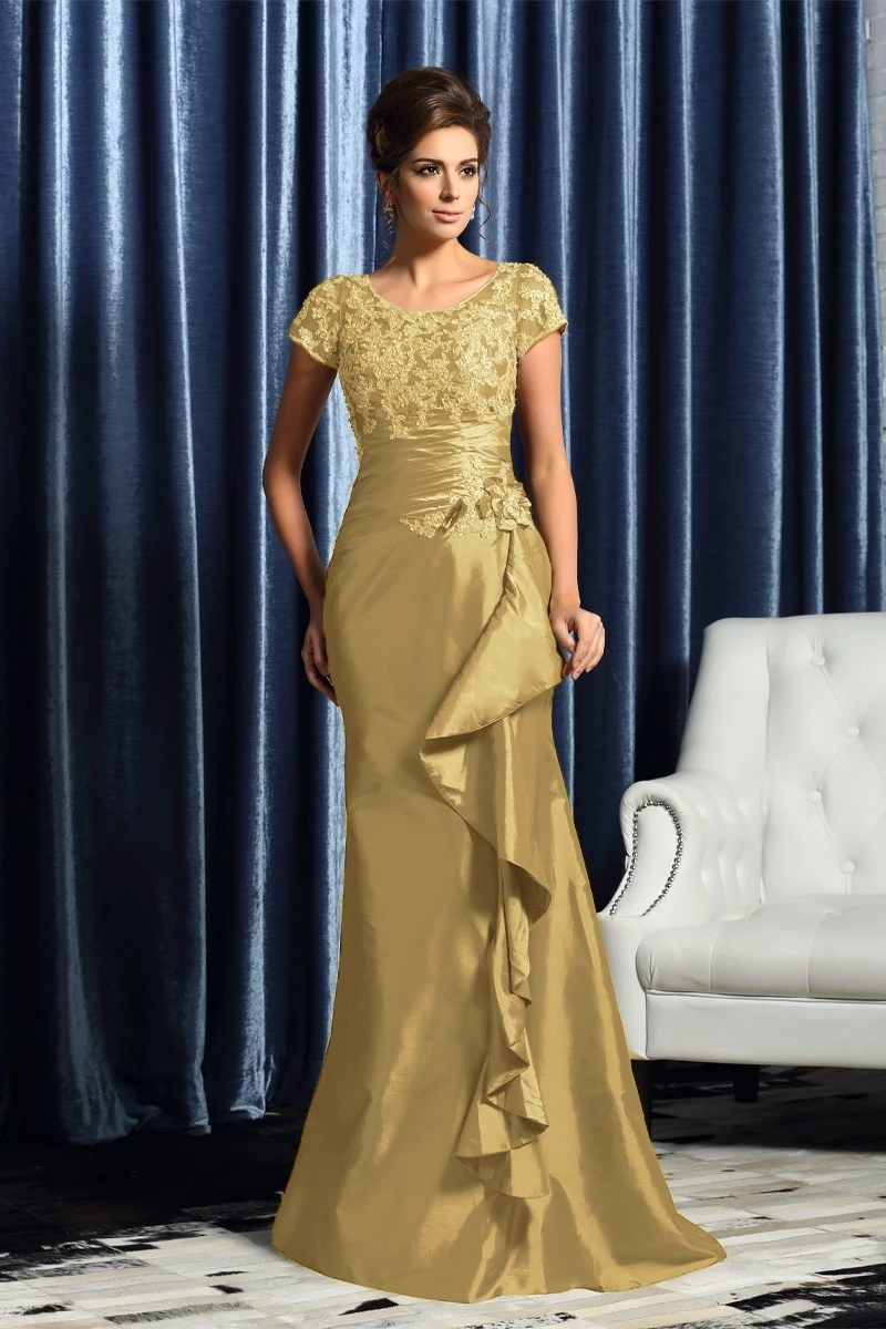 Daisda Scoop Neck Short Sleeves Long Mermaid Ruffles Embroidery Mother Of The Bride Dress