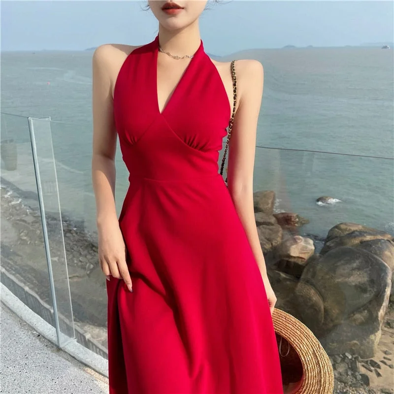 Summer Halter Sexy Backless Midi Bodycon Red Party Sleeveless Dress Beach Holiday Robe